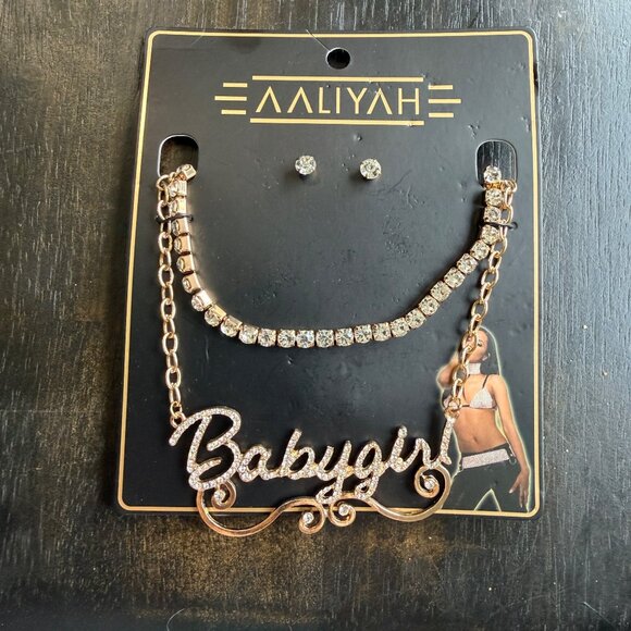 Y2K Aaliyah Jewelry Set Gold Rhinestone CZ Earring Studs Necklace Babygirl Chain - Picture 5 of 6